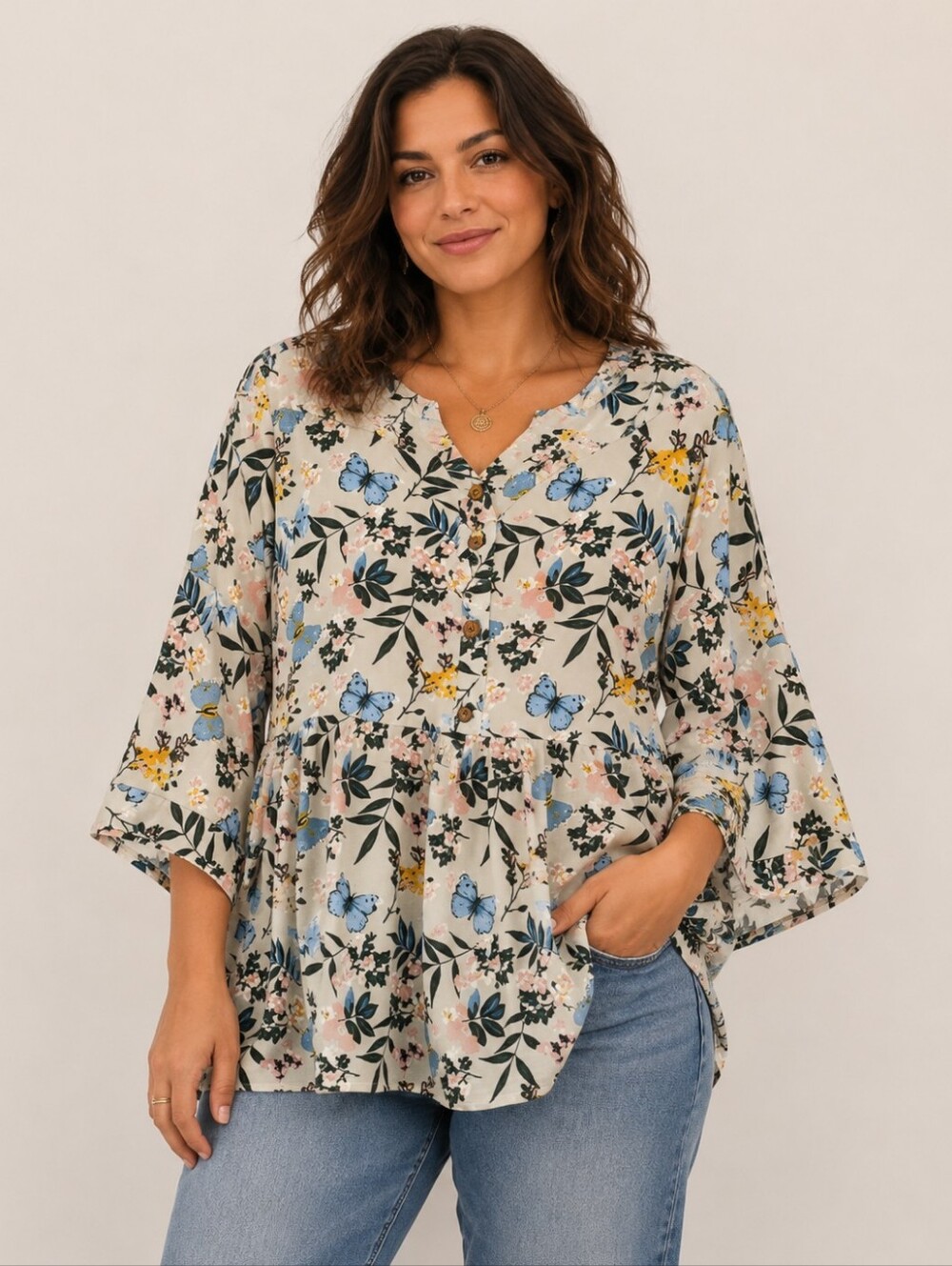 Laura Bianchi Linen Butterfly Floral Print Beige Blue Pink Yellow Size L